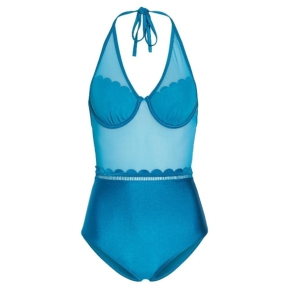 Ted Baker Kesia Scalloped Mesh One Piece Swimsuit Size 32C Teal - Picture 1 of 7